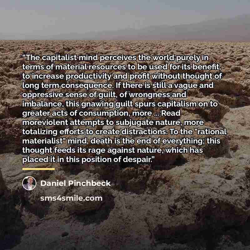 “The capitalist mind perceives the world purely in terms of material resources to be used for its benefit, to increase productivity and profit without thought of long term consequence. If there is still a vague and oppressive sense of guilt, of wrongness and imbalance, this gnawing guilt spurs…” quote by Daniel Pinchbeck