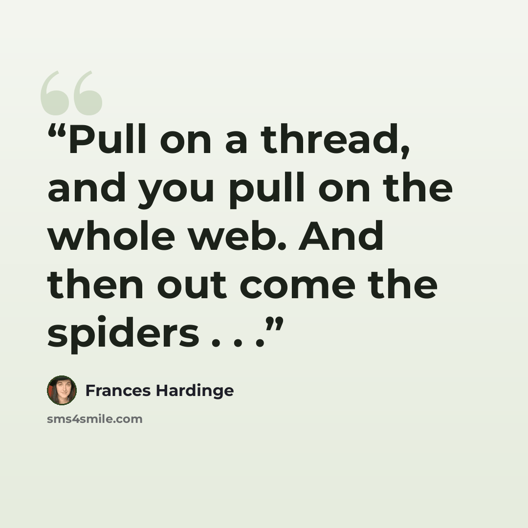 “Pull on a thread, and you pull on the whole web. And then out come the spiders . . .” quote by Frances Hardinge