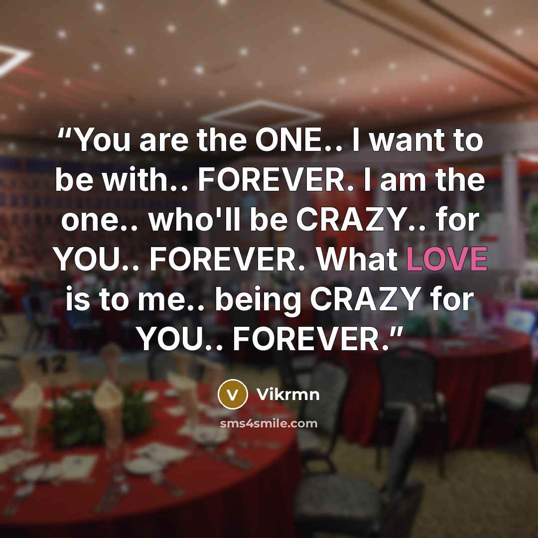 “You are the ONE.. I want to be with.. FOREVER. I am the one.. who'll be CRAZY.. for YOU.. FOREVER. What LOVE is to me.. being CRAZY for YOU.. FOREVER.” quote by Vikrmn