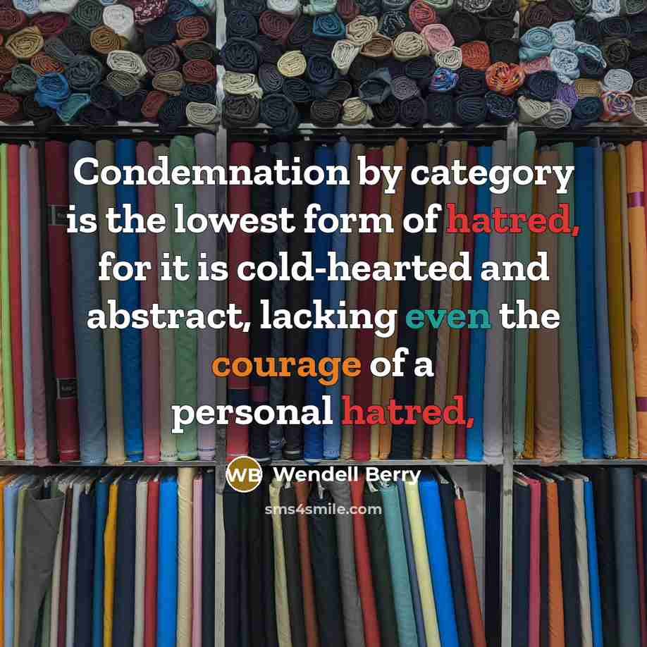 “Condemnation by category is the lowest form of hatred, for it is cold-hearted and abstract, lacking even the courage of a personal hatred,” quote by Wendell Berry