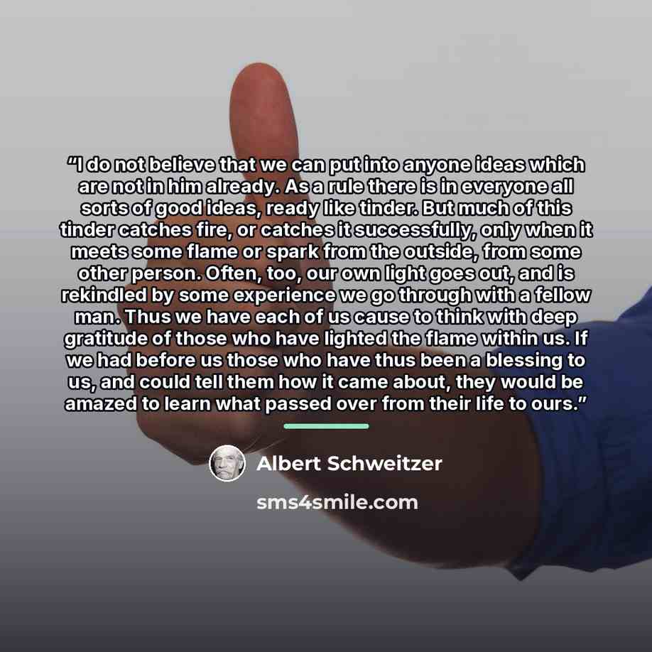 “I do not believe that we can put into anyone ideas which are not in him already. As a rule there is in everyone all sorts of good ideas, ready like tinder. But much of this tinder catches fire, or catches it successfully, only when it meets some flame or spark from the outside, from some other…” quote by Albert Schweitzer