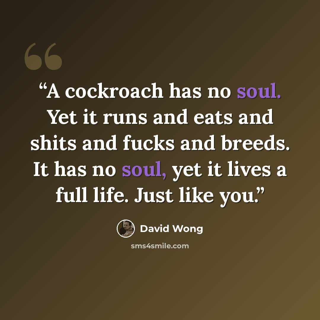 “A cockroach has no soul. Yet it runs and eats and shits and fucks and breeds. It has no soul, yet it lives a full life. Just like you.” quote by David Wong