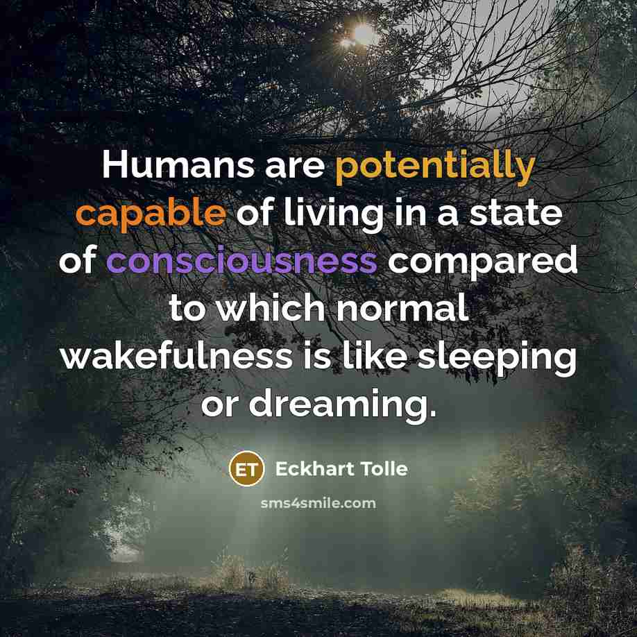 “Humans are potentially capable of living in a state of consciousness compared to which normal wakefulness is like sleeping or dreaming.” quote by Eckhart Tolle