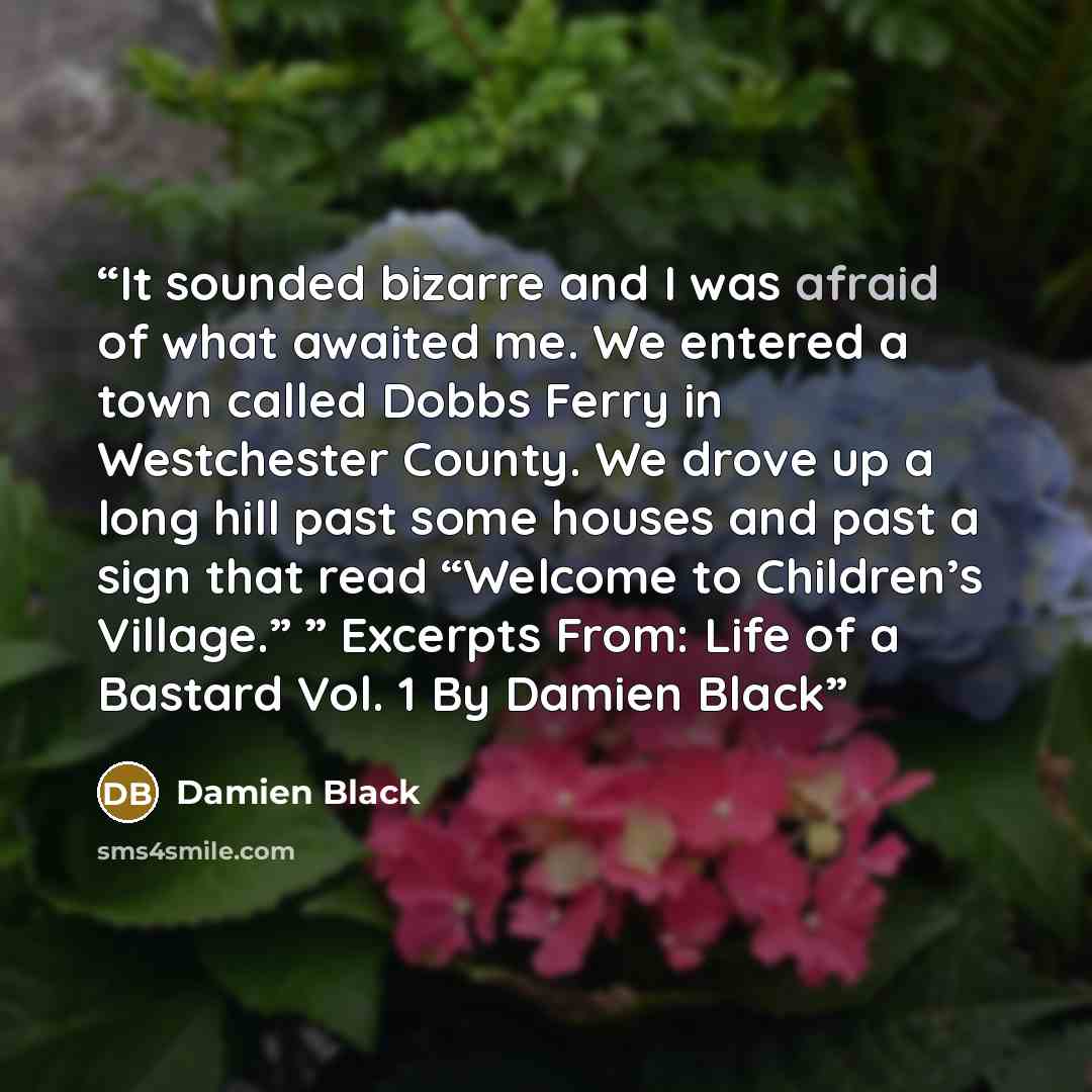 “It sounded bizarre and I was afraid of what awaited me. We entered a town called Dobbs Ferry in Westchester County. We drove up a long hill past some houses and past a sign that read “Welcome to Children’s Village.” ” Excerpts From: Life of a Bastard Vol. 1 By Damien Black” quote by Damien Black