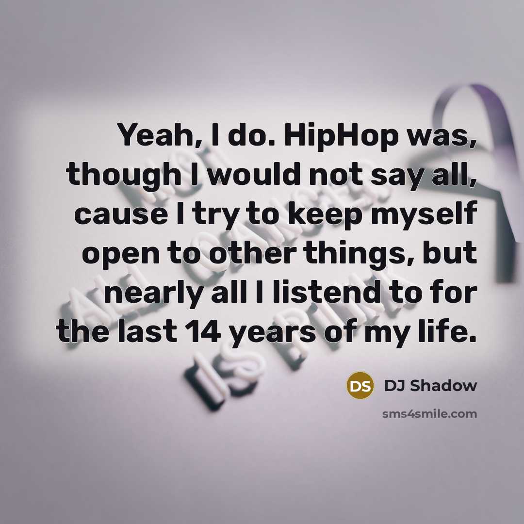 “Yeah, I do. HipHop was, though I would not say all, cause I try to keep myself open to other things, but nearly all I listend to for the last 14 years of my life.” quote by DJ Shadow