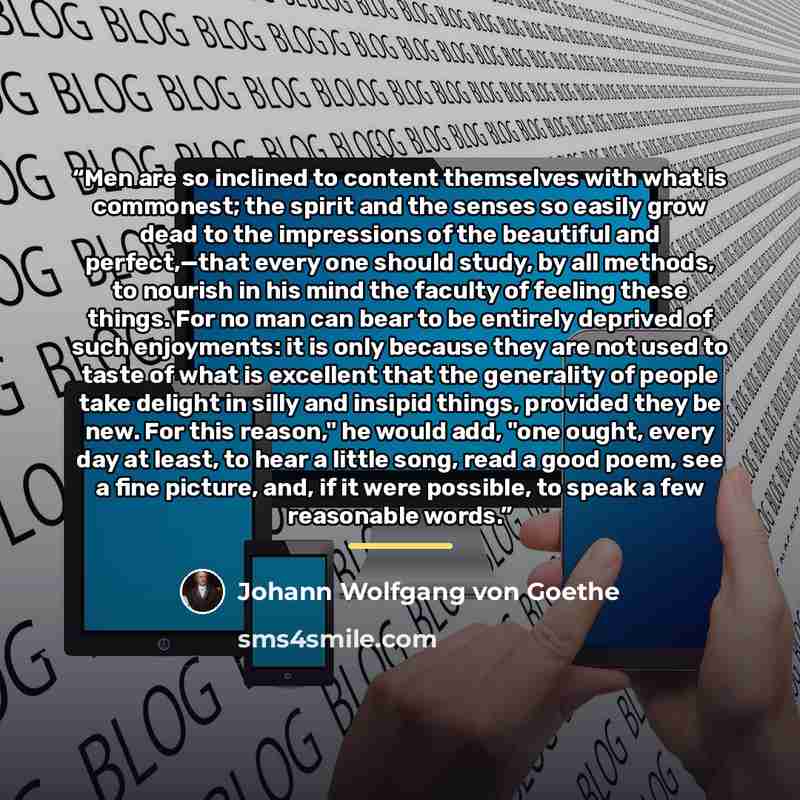 “Men are so inclined to content themselves with what is commonest; the spirit and the senses so easily grow dead to the impressions of the beautiful and perfect,—that every one should study, by all methods, to nourish in his mind the faculty of feeling these things. For no man can bear to be…” quote by Johann Wolfgang von Goethe