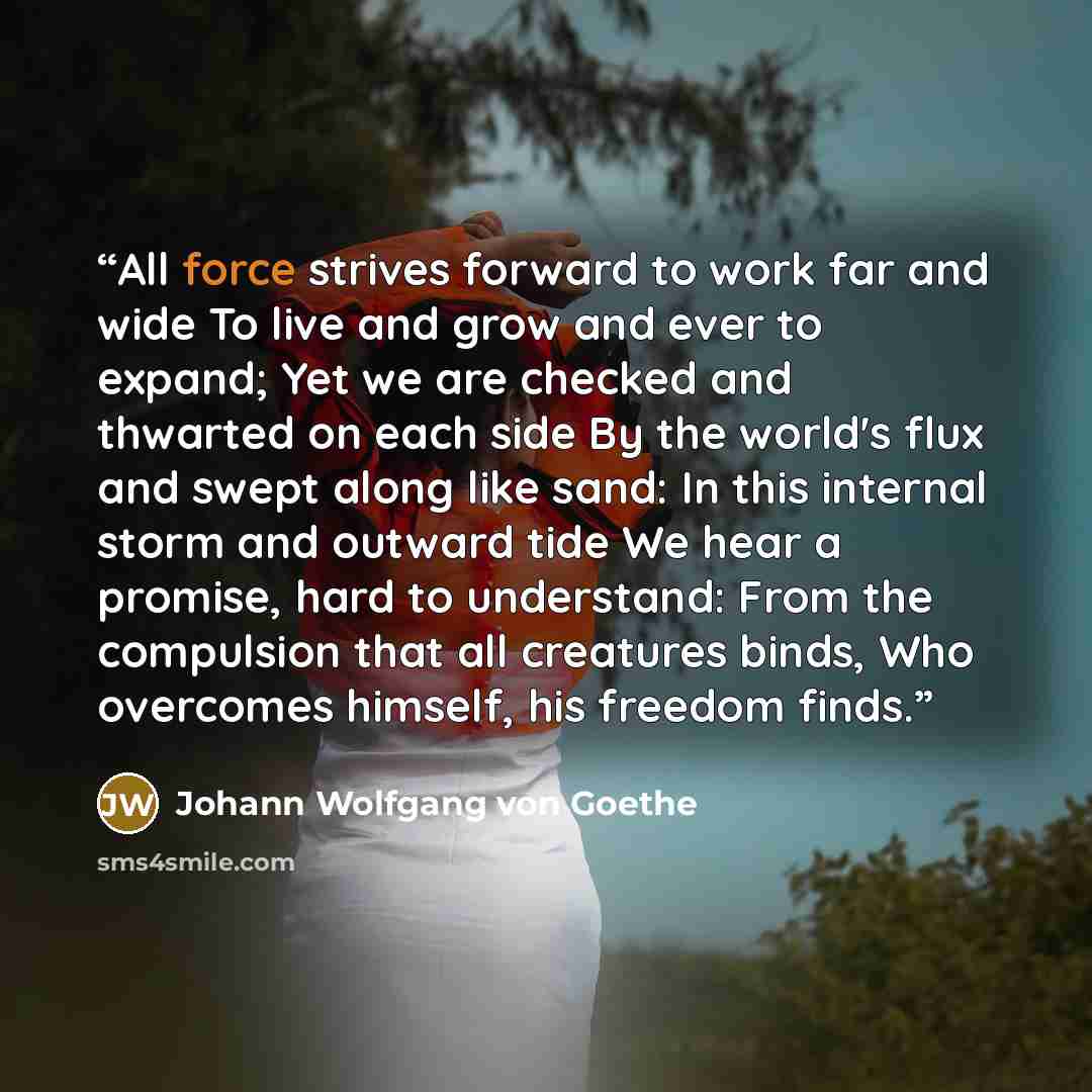 “All force strives forward to work far and wide To live and grow and ever to expand; Yet we are checked and thwarted on each side By the world's flux and swept along like sand: In this internal storm and outward tide We hear a promise, hard to understand: From the compulsion that all creatures…” quote by Johann Wolfgang von Goethe