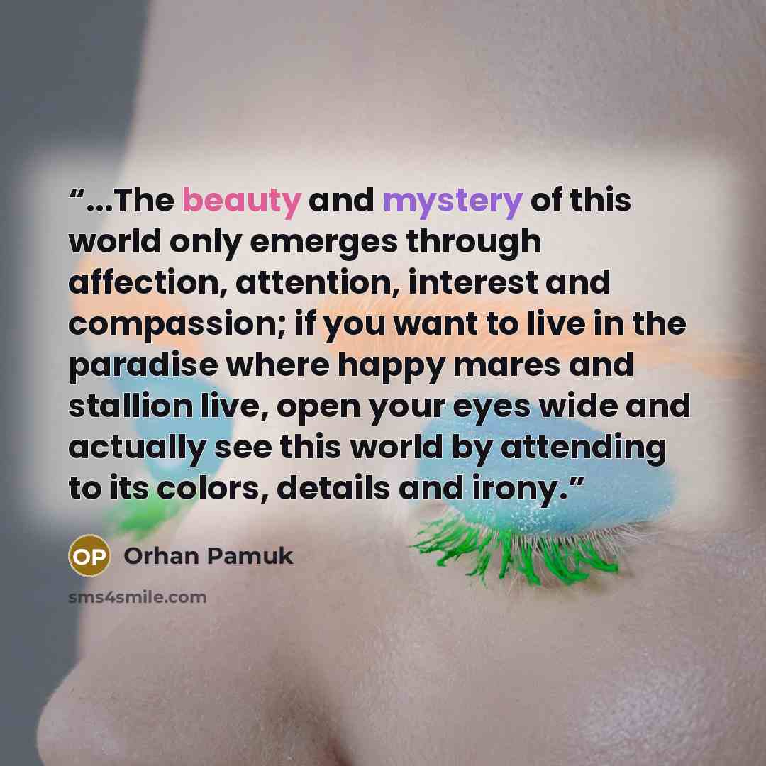 “...The beauty and mystery of this world only emerges through affection, attention, interest and compassion; if you want to live in the paradise where happy mares and stallion live, open your eyes wide and actually see this world by attending to its colors, details and irony.” quote by Orhan Pamuk