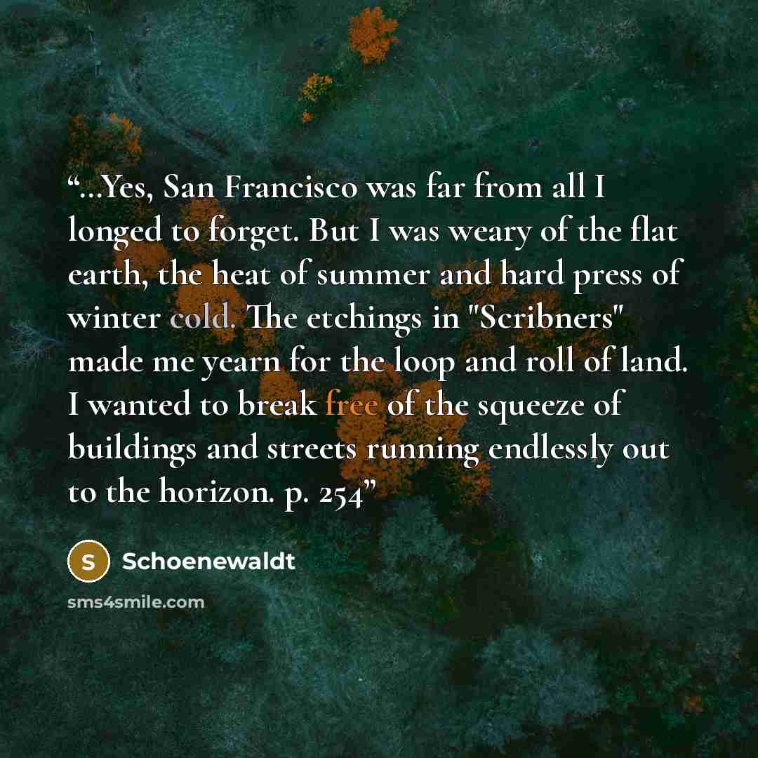“…Yes, San Francisco was far from all I longed to forget. But I was weary of the flat earth, the heat of summer and hard press of winter cold. The etchings in "Scribners" made me yearn for the loop and roll of land. I wanted to break free of the squeeze of buildings and streets running endlessly…” quote by Schoenewaldt
