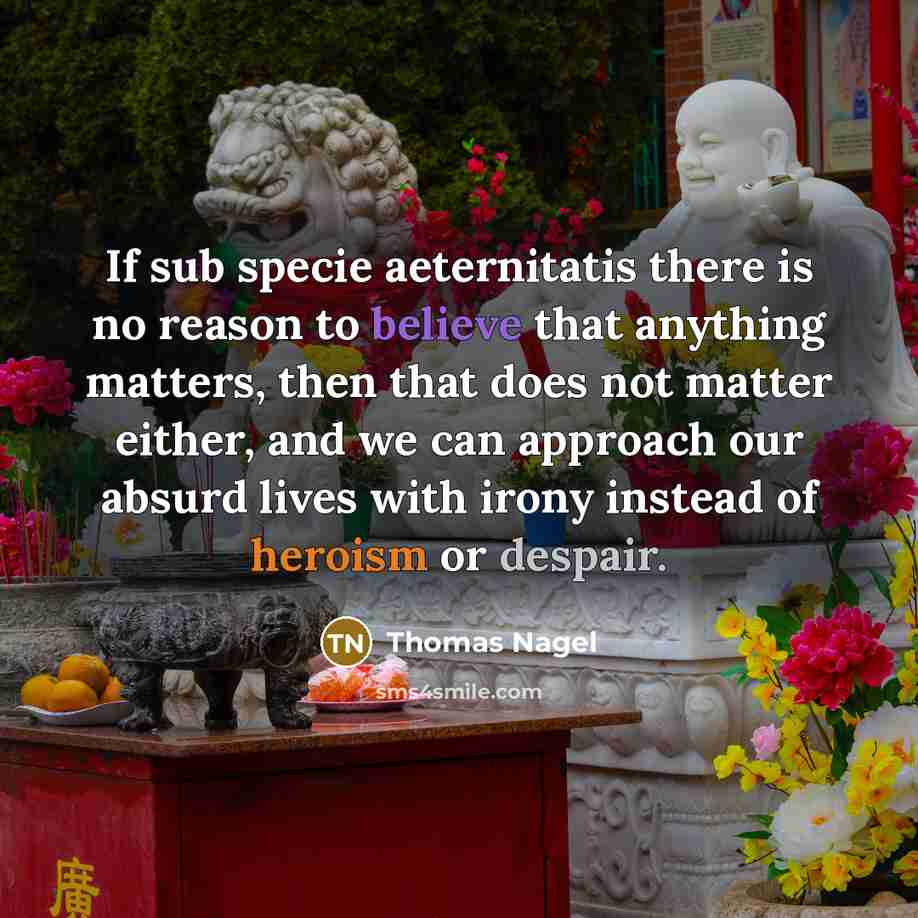 “If sub specie aeternitatis there is no reason to believe that anything matters, then that does not matter either, and we can approach our absurd lives with irony instead of heroism or despair.” quote by Thomas Nagel
