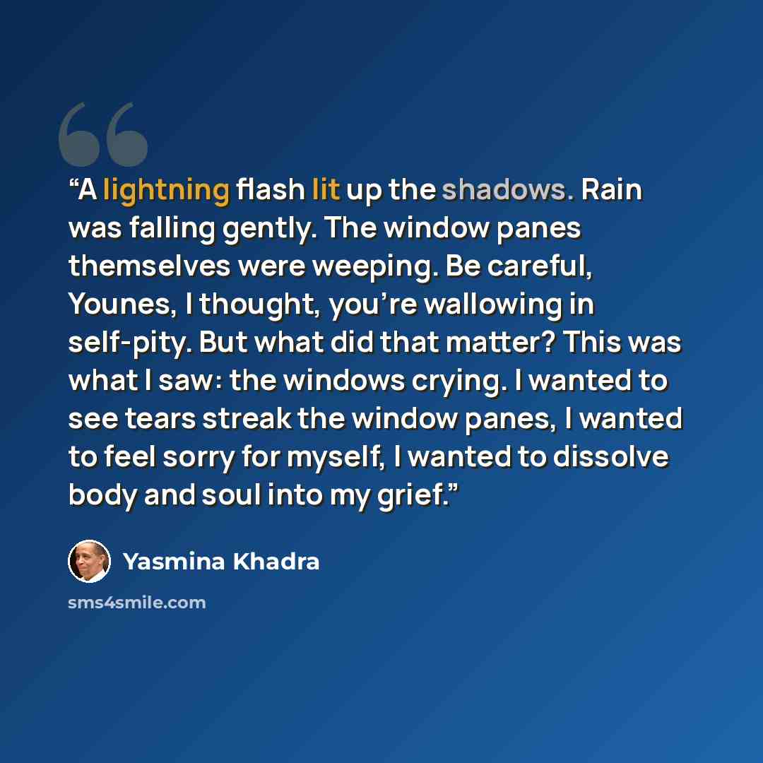 “A lightning flash lit up the shadows. Rain was falling gently. The window panes themselves were weeping. Be careful, Younes, I thought, you’re wallowing in self-pity. But what did that matter? This was what I saw: the windows crying. I wanted to see tears streak the window panes, I wanted to feel…” quote by Yasmina Khadra