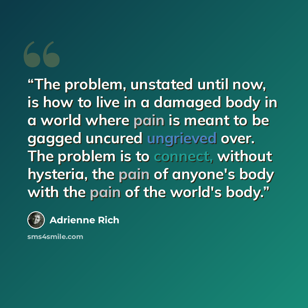 “The problem, unstated until now, is how to live in a damaged body in a world where pain is meant to be gagged uncured ungrieved over. The problem is to connect, without hysteria, the pain of anyone's body with the pain of the world's body.” quote by Adrienne Rich