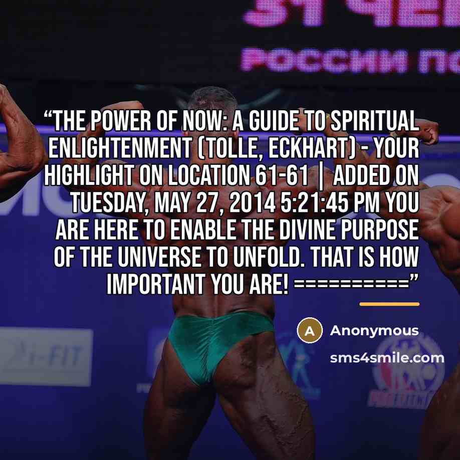 “The Power of Now: A Guide to Spiritual Enlightenment (Tolle, Eckhart) - Your Highlight on Location 61-61 | Added on Tuesday, May 27, 2014 5:21:45 PM You are here to enable the divine purpose of the universe to unfold. That is how important you are! ==========” quote by Anonymous
