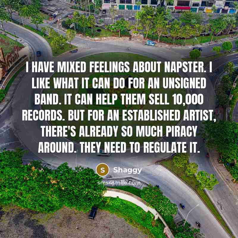 “I have mixed feelings about Napster. I like what it can do for an unsigned band. It can help them sell 10,000 records. But for an established artist, there's already so much piracy around. They need to regulate it.” quote by Shaggy