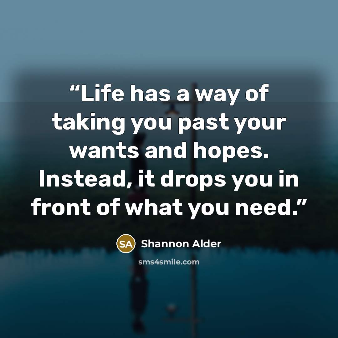 “Life has a way of taking you past your wants and hopes. Instead, it drops you in front of what you need.” quote by Shannon Alder