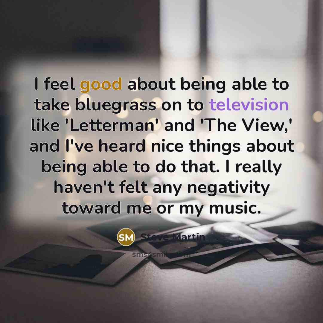 “I feel good about being able to take bluegrass on to television like 'Letterman' and 'The View,' and I've heard nice things about being able to do that. I really haven't felt any negativity toward me or my music.” quote by Steve Martin