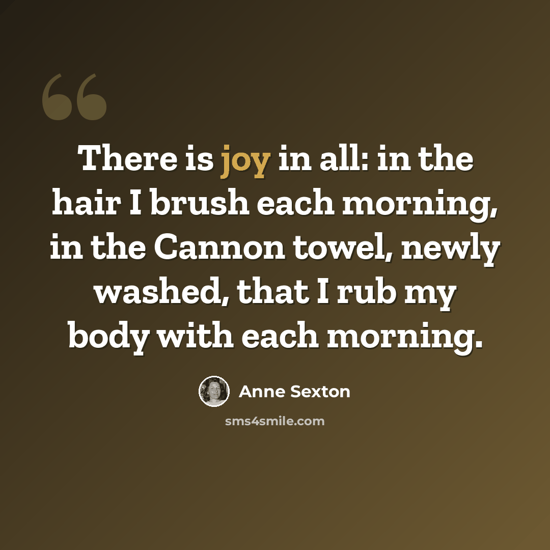 “There is joy in all: in the hair I brush each morning, in the Cannon towel, newly washed, that I rub my body with each morning.” quote by Anne Sexton