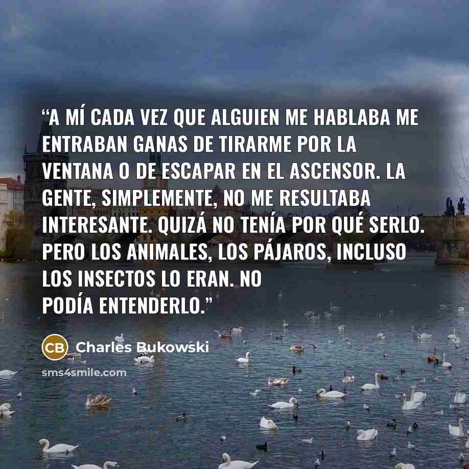 “A mí cada vez que alguien me hablaba me entraban ganas de tirarme por la ventana o de escapar en el ascensor. La gente, simplemente, no me resultaba interesante. Quizá no tenía por qué serlo. Pero los animales, los pájaros, incluso los insectos lo eran. No podía entenderlo.” quote by Charles Bukowski