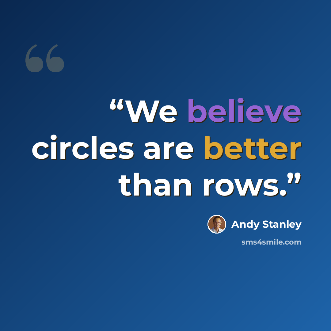 “We believe circles are better than rows.” quote by Andy Stanley