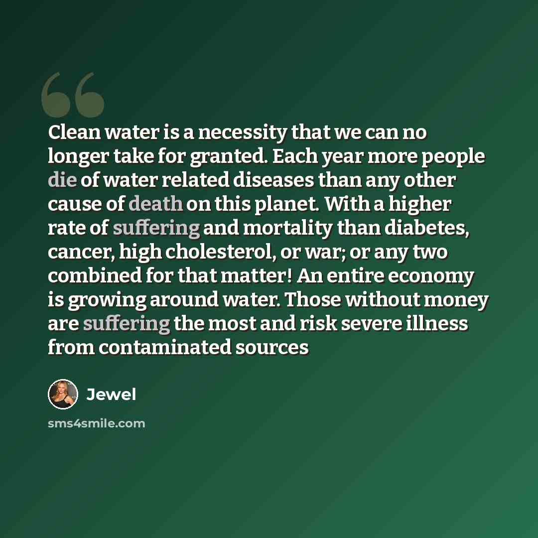 “Clean water is a necessity that we can no longer take for granted. Each year more people die of water related diseases than any other cause of death on this planet. With a higher rate of suffering and mortality than diabetes, cancer, high cholesterol, or war; or any two combined for that matter!…” quote by Jewel