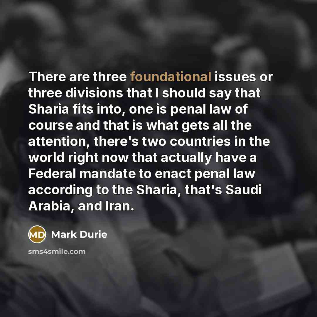 “There are three foundational issues or three divisions that I should say that Sharia fits into, one is penal law of course and that is what gets all the attention, there's two countries in the world right now that actually have a Federal mandate to enact penal law according to the Sharia, that's…” quote by Mark Durie