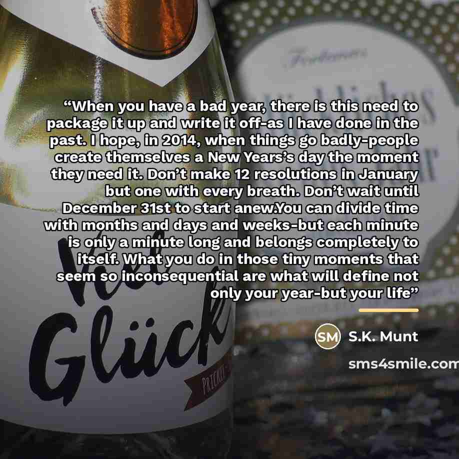 “When you have a bad year, there is this need to package it up and write it off-as I have done in the past. I hope, in 2014, when things go badly-people create themselves a New Years’s day the moment they need it. Don’t make 12 resolutions in January but one with every breath. Don’t wait until…” quote by S.K. Munt