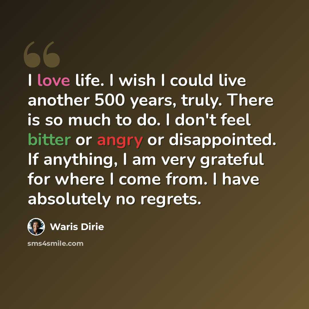 “I love life. I wish I could live another 500 years, truly. There is so much to do. I don't feel bitter or angry or disappointed. If anything, I am very grateful for where I come from. I have absolutely no regrets.” quote by Waris Dirie