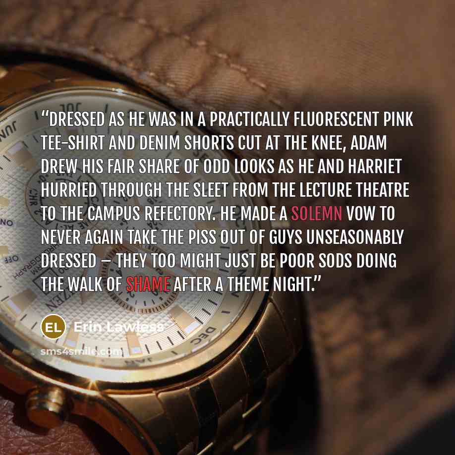 “Dressed as he was in a practically fluorescent pink tee-shirt and denim shorts cut at the knee, Adam drew his fair share of odd looks as he and Harriet hurried through the sleet from the lecture theatre to the campus refectory. He made a solemn vow to never again take the piss out of guys…” quote by Erin Lawless