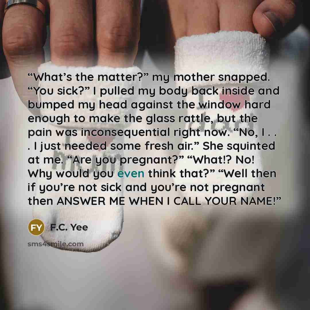 “What’s the matter?” my mother snapped. “You sick?” I pulled my body back inside and bumped my head against the window hard enough to make the glass rattle, but the pain was inconsequential right now. “No, I . . . I just needed some fresh air.” She squinted at me. “Are you pregnant?” “What!? No!…” quote by F.C. Yee