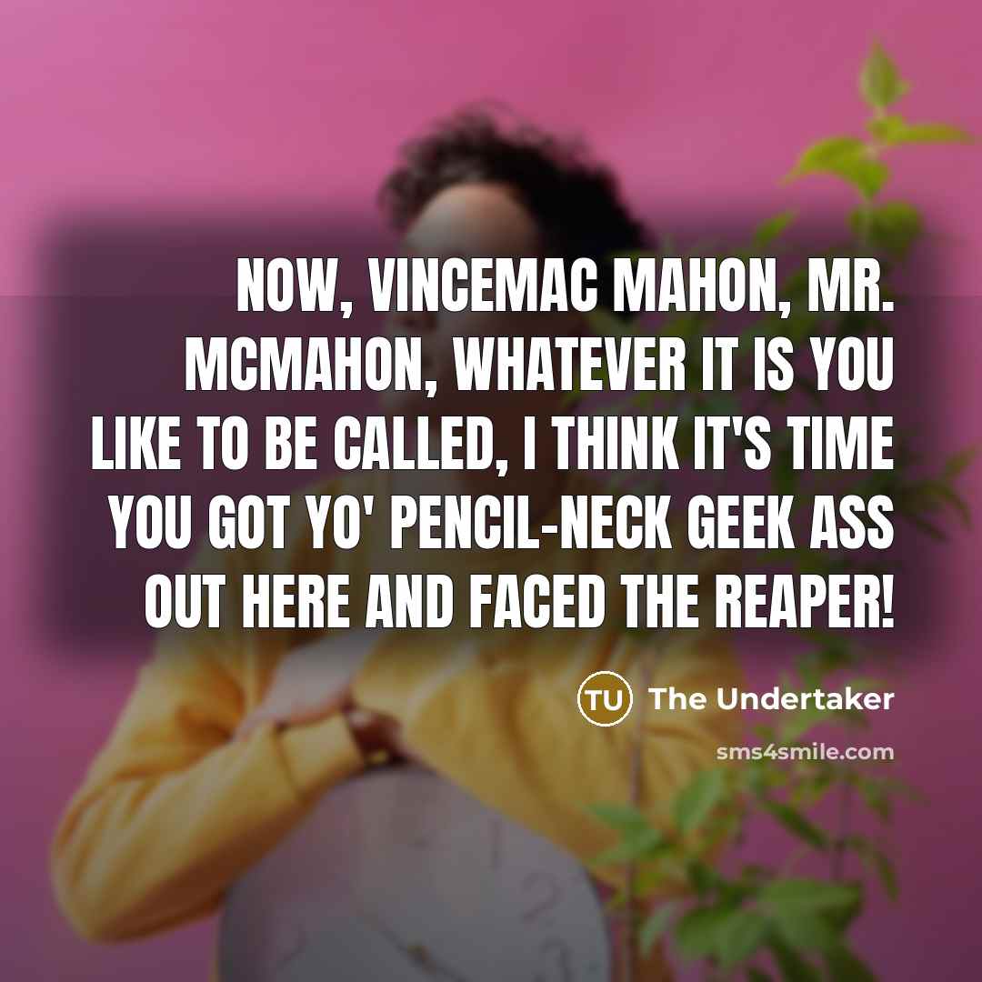 “Now, VinceMac Mahon, Mr. McMahon, whatever it is you like to be called, I think it's time you got yo' pencil-neck geek ass out here and faced the reaper!” quote by The Undertaker