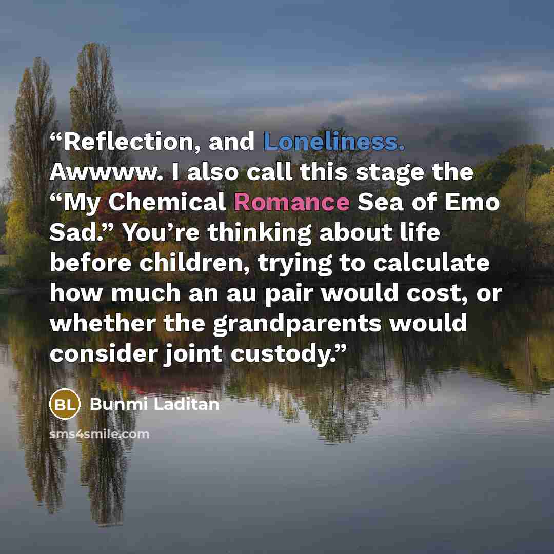 “Reflection, and Loneliness. Awwww. I also call this stage the “My Chemical Romance Sea of Emo Sad.” You’re thinking about life before children, trying to calculate how much an au pair would cost, or whether the grandparents would consider joint custody.” quote by Bunmi Laditan