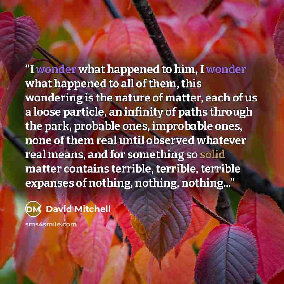 “I wonder what happened to him, I wonder what happened to all of them, this wondering is the nature of matter, each of us a loose particle, an infinity of paths through the park, probable ones, improbable ones, none of them real until observed whatever real means, and for something so solid matter…” quote by David Mitchell