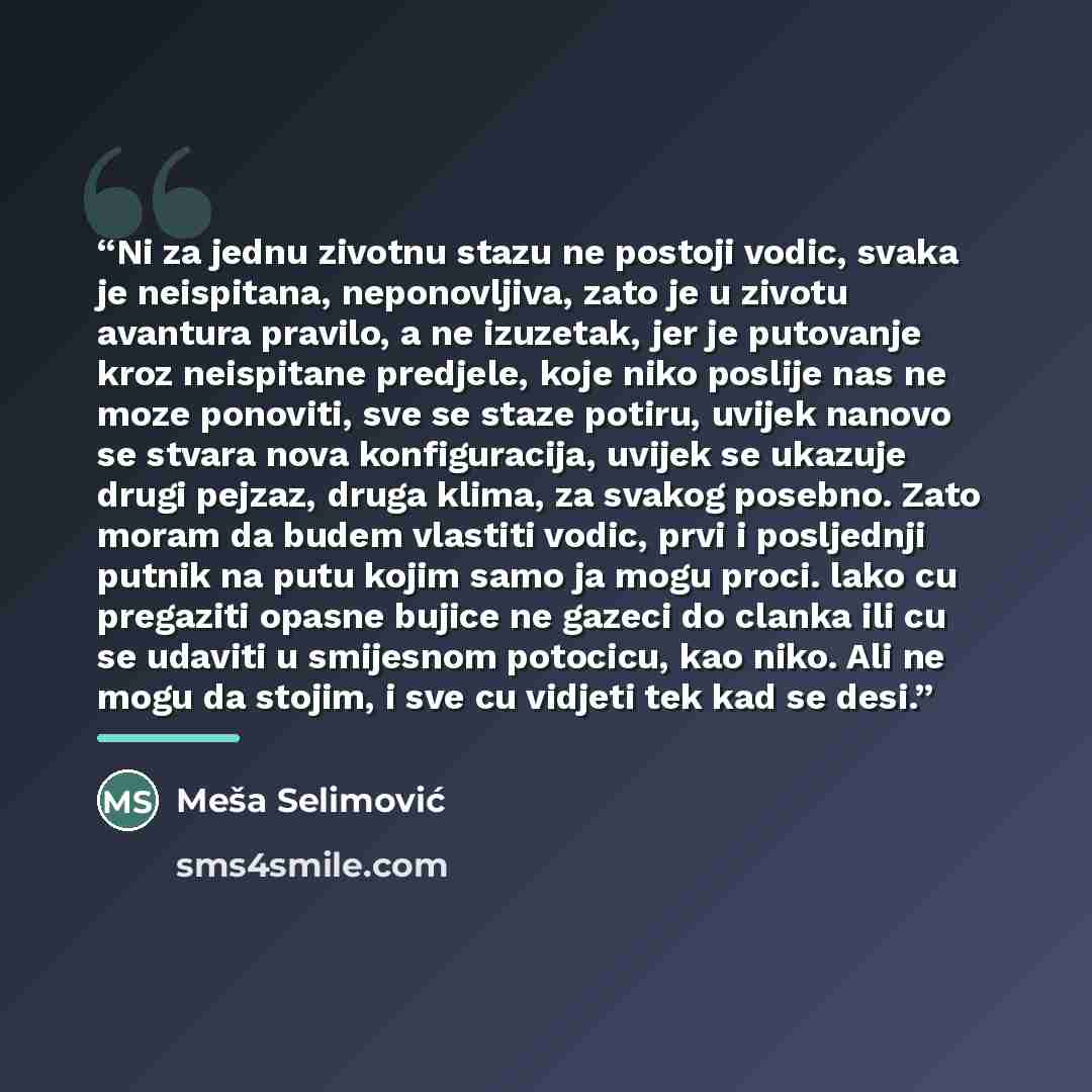 “Ni za jednu zivotnu stazu ne postoji vodic, svaka je neispitana, neponovljiva, zato je u zivotu avantura pravilo, a ne izuzetak, jer je putovanje kroz neispitane predjele, koje niko poslije nas ne moze ponoviti, sve se staze potiru, uvijek nanovo se stvara nova konfiguracija, uvijek se ukazuje…” quote by Meša Selimović