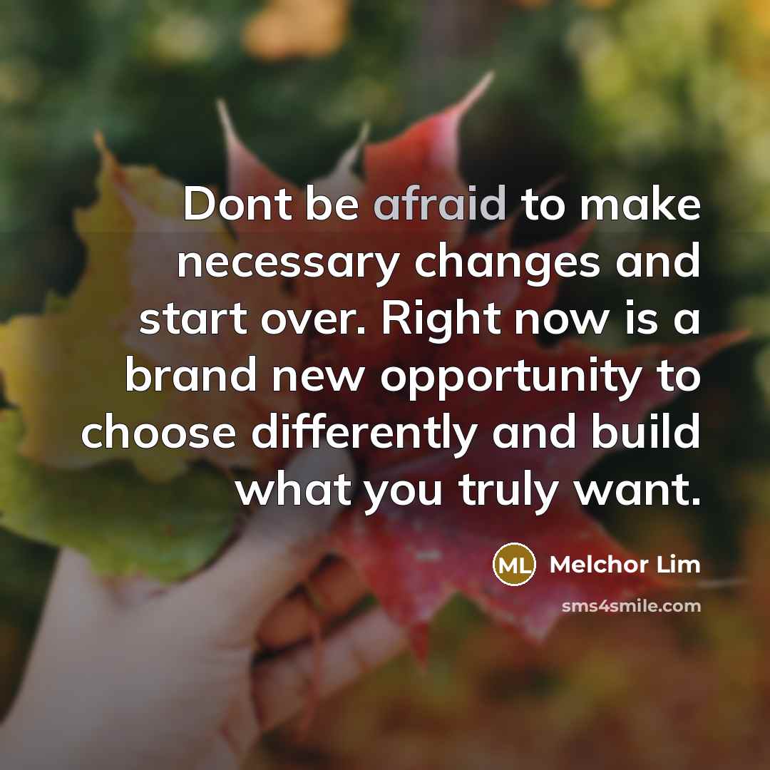 “Dont be afraid to make necessary changes and start over. Right now is a brand new opportunity to choose differently and build what you truly want.” quote by Melchor Lim
