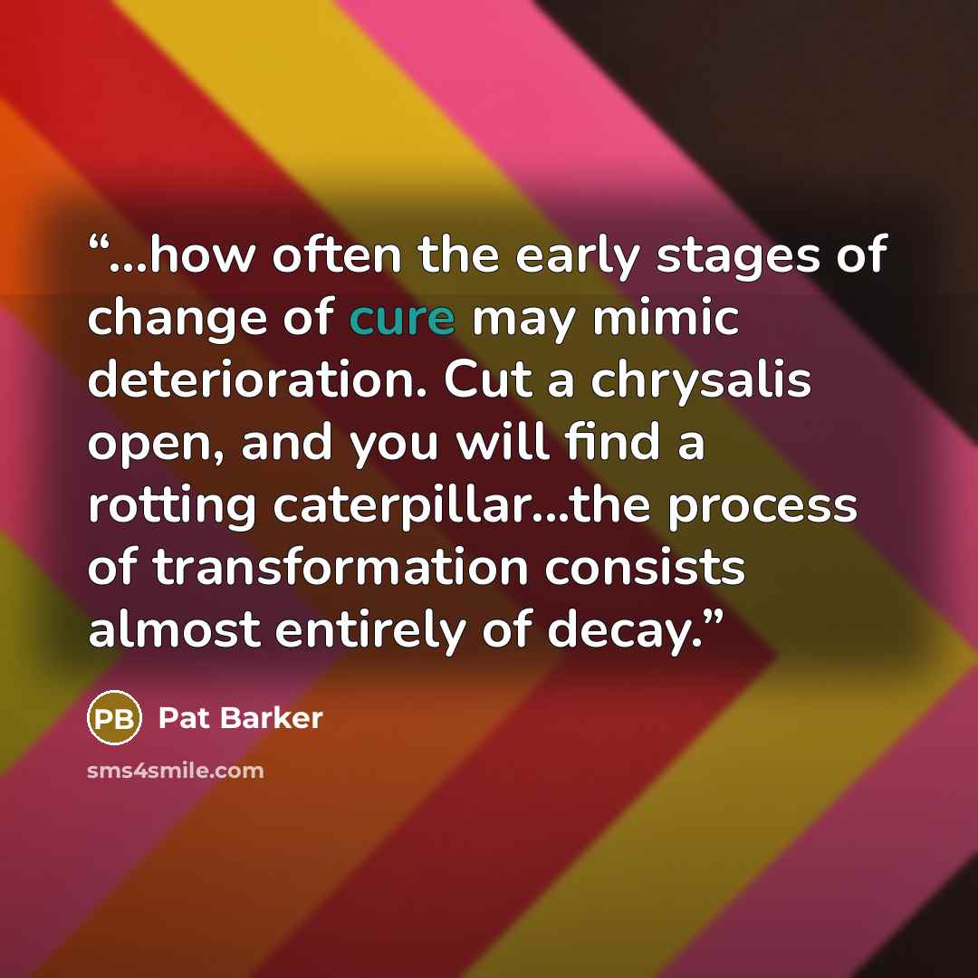 “...how often the early stages of change of cure may mimic deterioration. Cut a chrysalis open, and you will find a rotting caterpillar...the process of transformation consists almost entirely of decay.” quote by Pat Barker