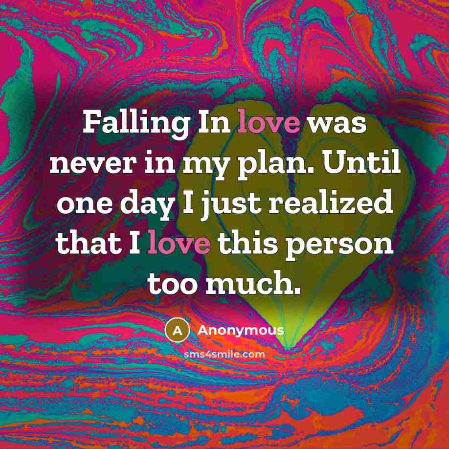 “Falling In love was never in my plan. Until one day I just realized that I love this person too much.” quote by Anonymous