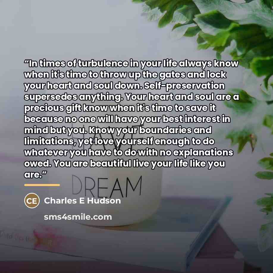 “In times of turbulence in your life always know when it's time to throw up the gates and lock your heart and soul down. Self-preservation supersedes anything. Your heart and soul are a precious gift know when it's time to save it because no one will have your best interest in mind but you. Know…” quote by Charles E Hudson