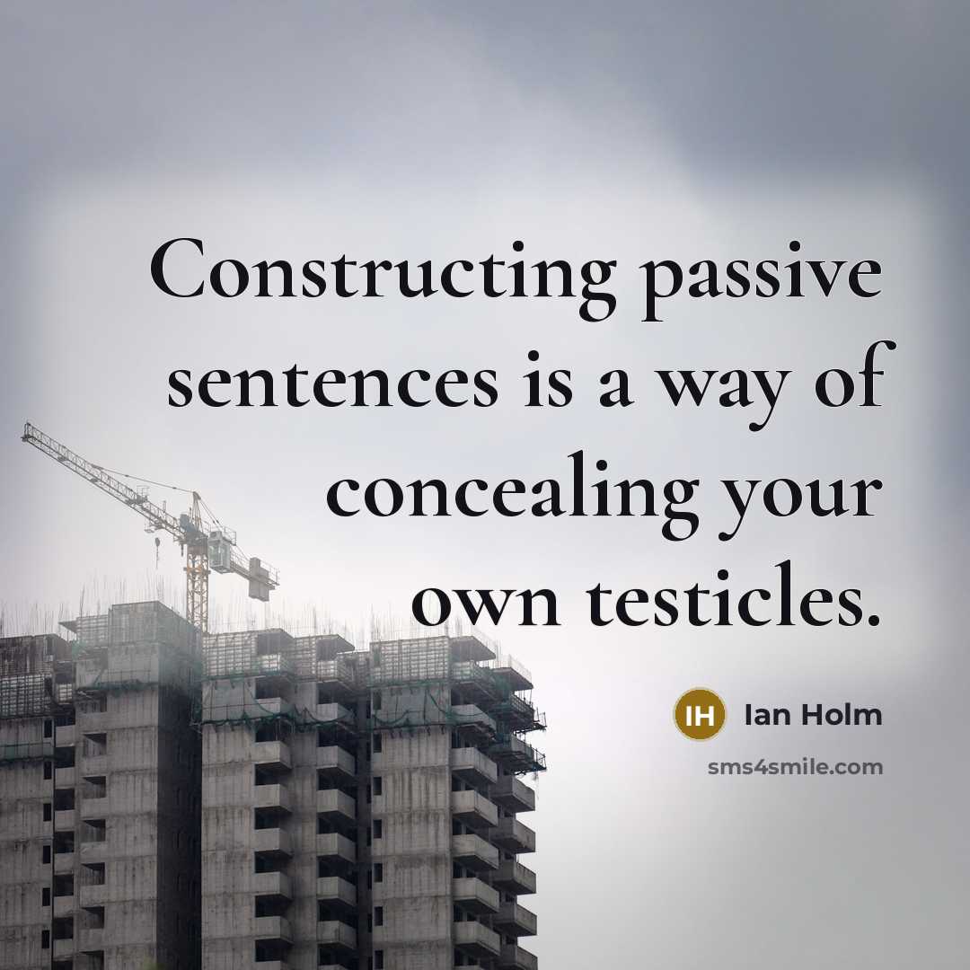 “Constructing passive sentences is a way of concealing your own testicles.” quote by Ian Holm