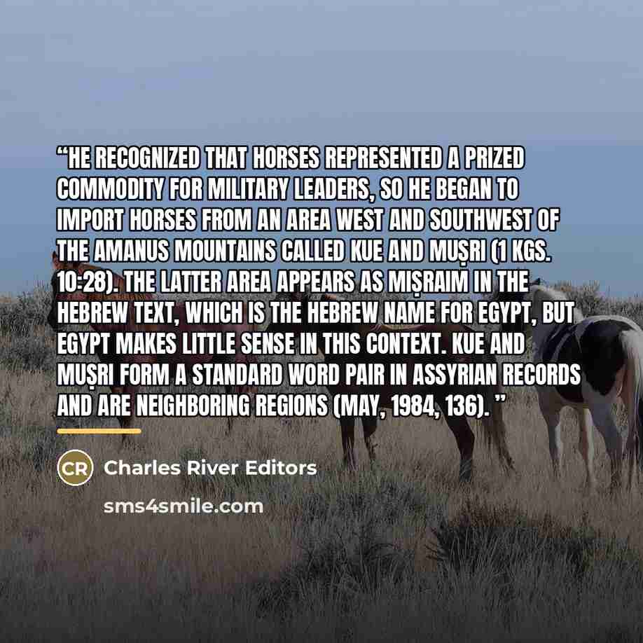 “He recognized that horses represented a prized commodity for military leaders, so he began to import horses from an area west and southwest of the Amanus Mountains called Kue and Muṣri (1 Kgs. 10:28). The latter area appears as Miṣraim in the Hebrew text, which is the Hebrew name for Egypt, but…” quote by Charles River Editors