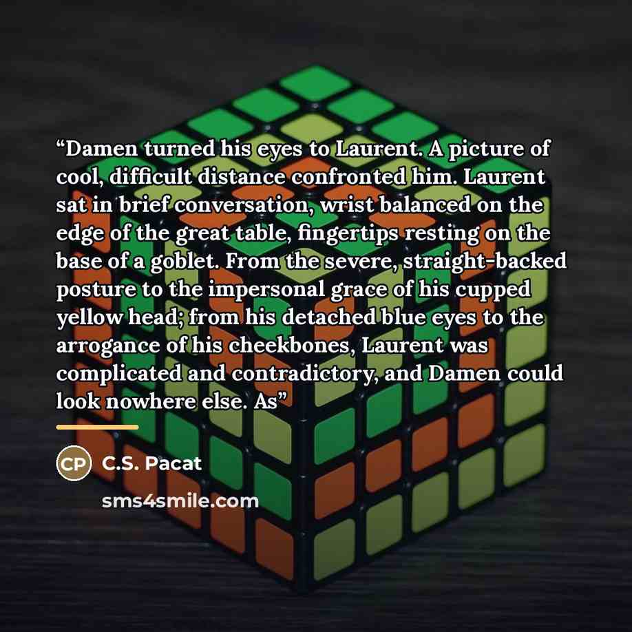 “Damen turned his eyes to Laurent. A picture of cool, difficult distance confronted him. Laurent sat in brief conversation, wrist balanced on the edge of the great table, fingertips resting on the base of a goblet. From the severe, straight-backed posture to the impersonal grace of his cupped…” quote by C.S. Pacat