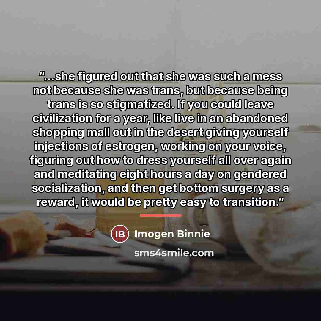 “...she figured out that she was such a mess not because she was trans, but because being trans is so stigmatized. If you could leave civilization for a year, like live in an abandoned shopping mall out in the desert giving yourself injections of estrogen, working on your voice, figuring out how to…” quote by Imogen Binnie