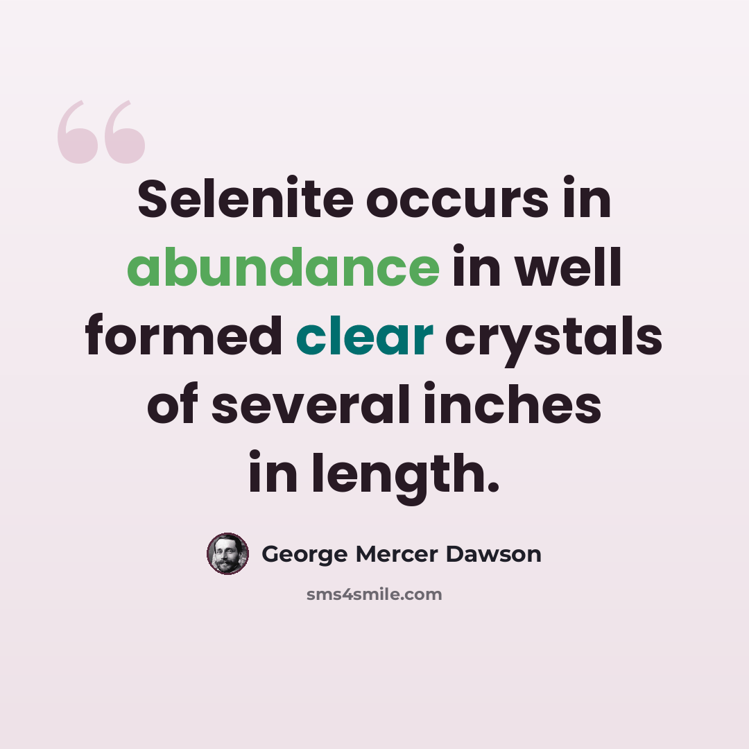 “Selenite occurs in abundance in well formed clear crystals of several inches in length.” quote by George Mercer Dawson