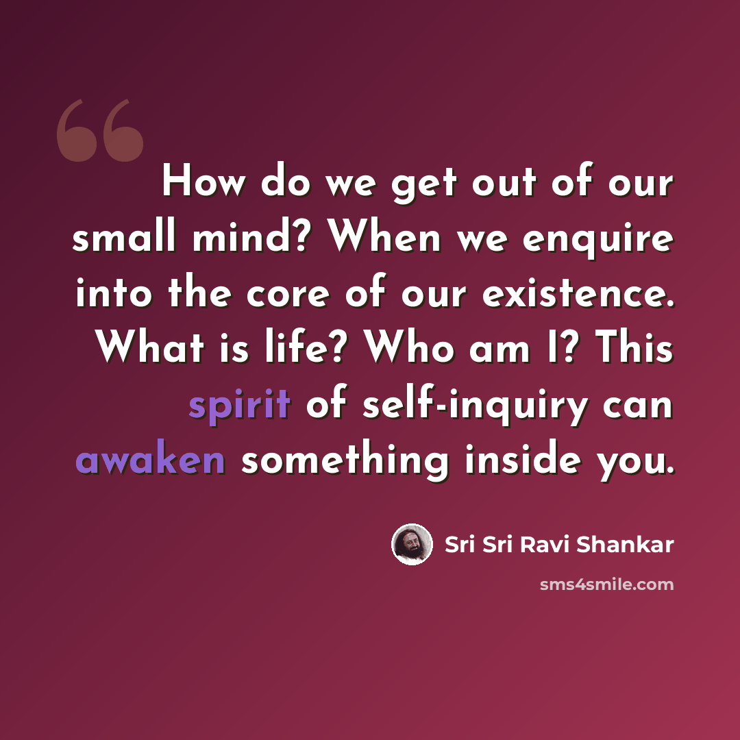 “How do we get out of our small mind? When we enquire into the core of our existence. What is life? Who am I? This spirit of self-inquiry can awaken something inside you.” quote by Sri Sri Ravi Shankar