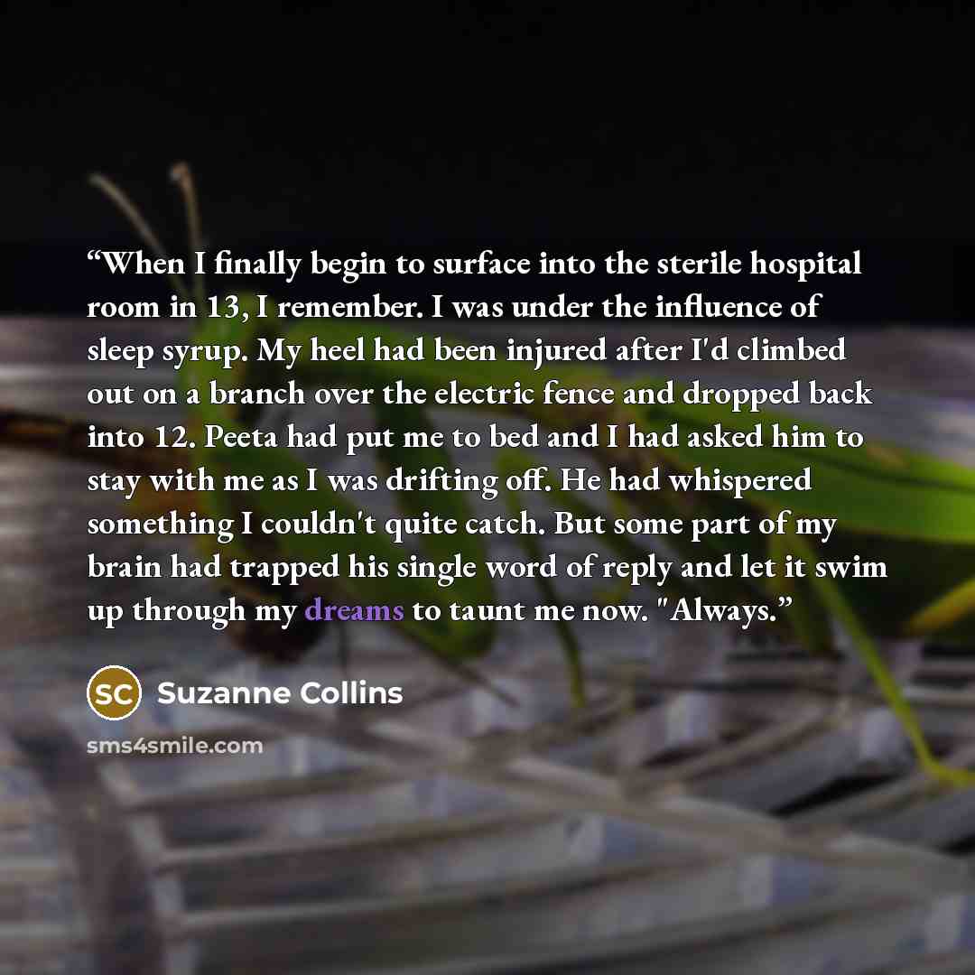 “When I finally begin to surface into the sterile hospital room in 13, I remember. I was under the influence of sleep syrup. My heel had been injured after I'd climbed out on a branch over the electric fence and dropped back into 12. Peeta had put me to bed and I had asked him to stay with me as I…” quote by Suzanne Collins