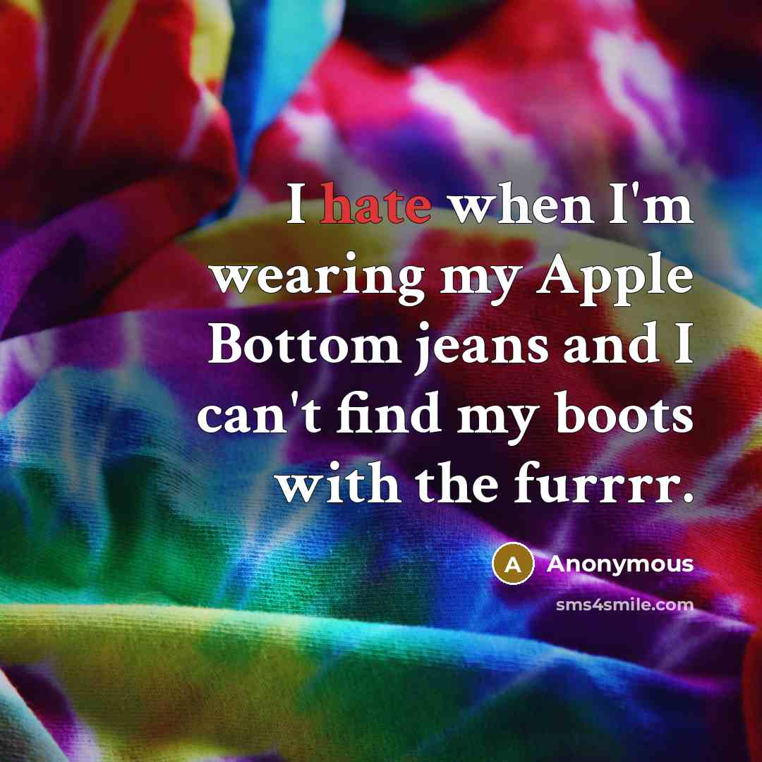 “I hate when I'm wearing my Apple Bottom jeans and I can't find my boots with the furrrr.” quote by Anonymous
