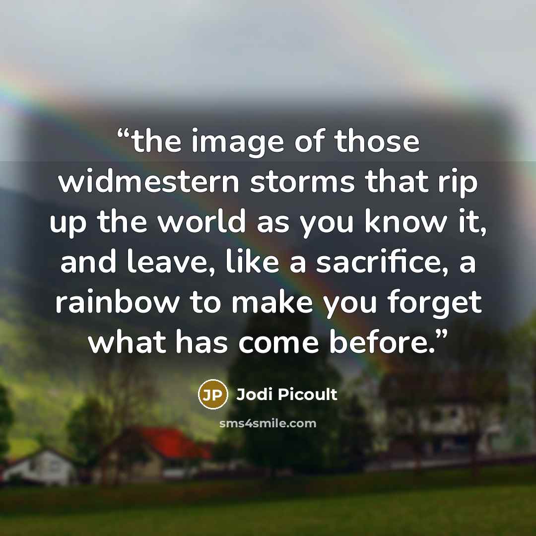“the image of those widmestern storms that rip up the world as you know it, and leave, like a sacrifice, a rainbow to make you forget what has come before.” quote by Jodi Picoult