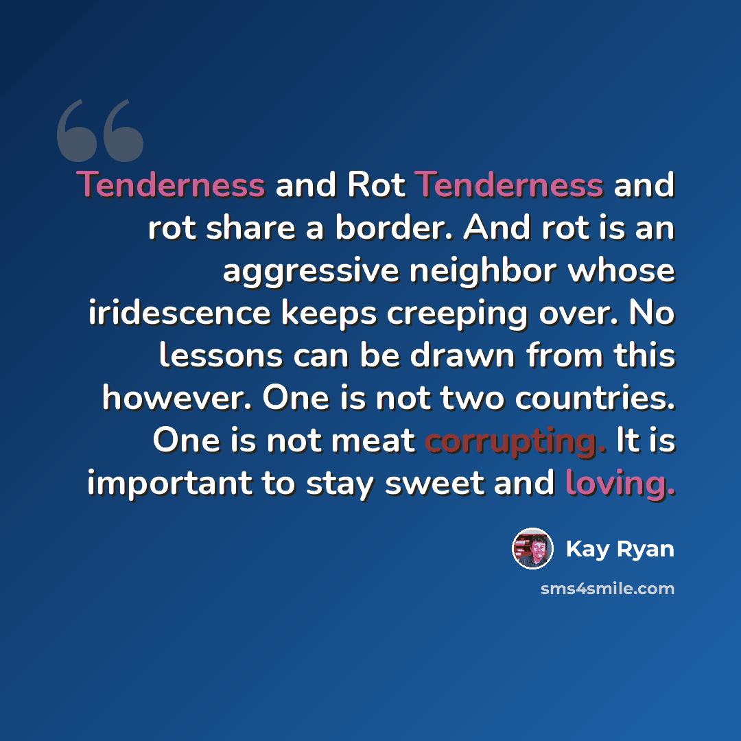 “Tenderness and Rot Tenderness and rot share a border. And rot is an aggressive neighbor whose iridescence keeps creeping over. No lessons can be drawn from this however. One is not two countries. One is not meat corrupting. It is important to stay sweet and loving.” quote by Kay Ryan