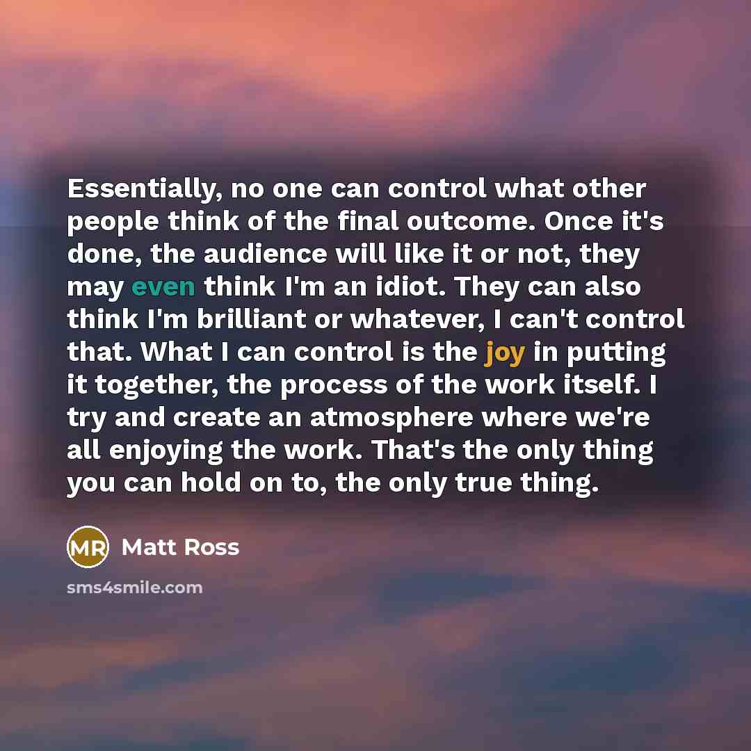 “Essentially, no one can control what other people think of the final outcome. Once it's done, the audience will like it or not, they may even think I'm an idiot. They can also think I'm brilliant or whatever, I can't control that. What I can control is the joy in putting it together, the process…” quote by Matt Ross
