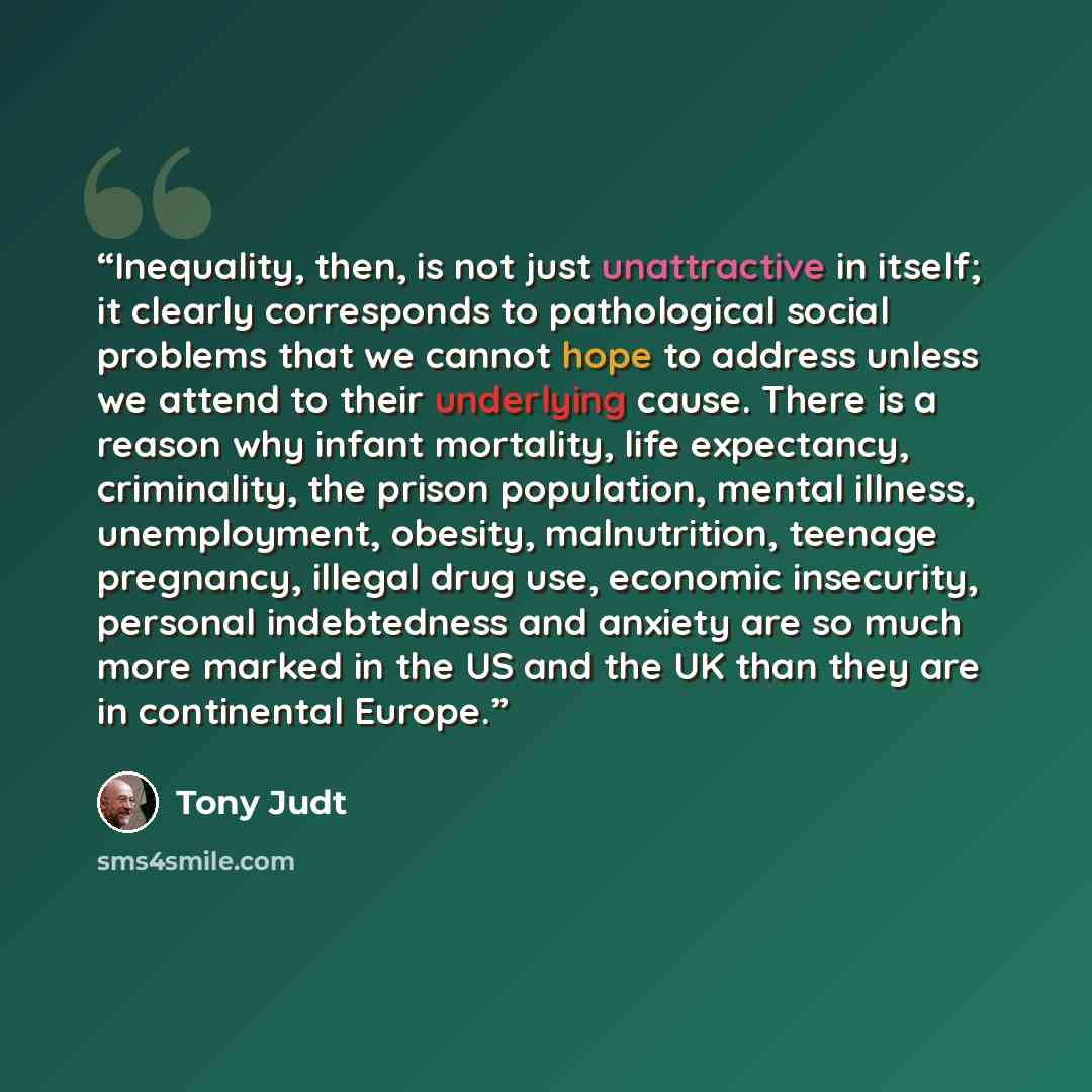 “Inequality, then, is not just unattractive in itself; it clearly corresponds to pathological social problems that we cannot hope to address unless we attend to their underlying cause. There is a reason why infant mortality, life expectancy, criminality, the prison population, mental illness…” quote by Tony Judt