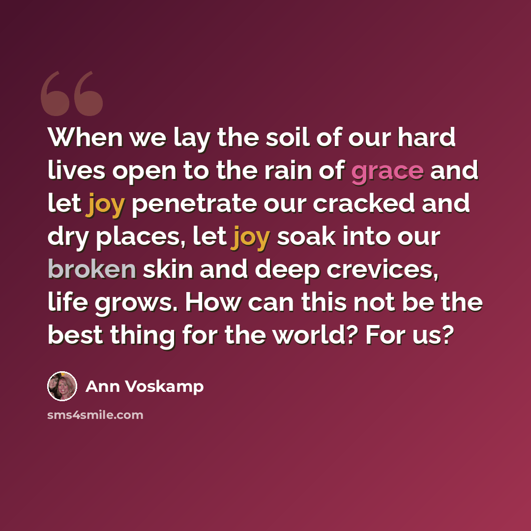 “When we lay the soil of our hard lives open to the rain of grace and let joy penetrate our cracked and dry places, let joy soak into our broken skin and deep crevices, life grows. How can this not be the best thing for the world? For us?” quote by Ann Voskamp